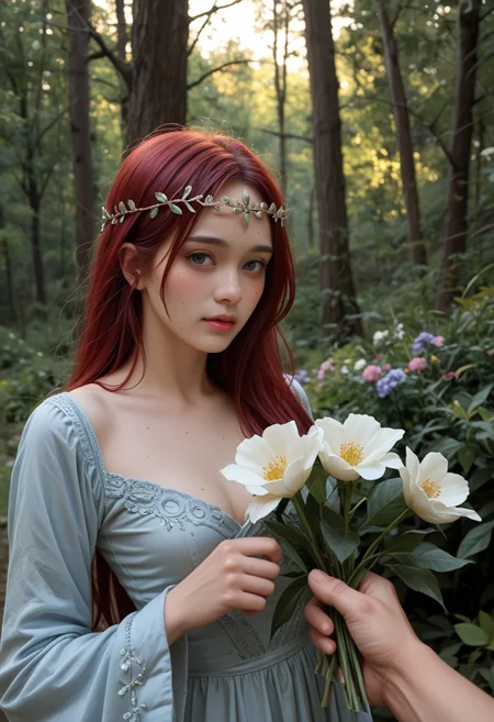 Realistic,HD,8k,
Diao chan,(korean),blush,blue EYES,  perfect body , (natural  breasts),slender body,sweat,shiny skin,sweatdrops,red hair,blue hair,purple hair, ,hands receiving gift,
Dress,long sleeves,flower circlet,
,1boy, faceless male, male face out of frame,PovGifting, pov hands, holding flowers, flower
score_9, score_8_up, score_7_up, score_6_up, score_9, score_8_up, score_7_up, score_6_up source_real,
In forest,smooth lighting,
,
high quality,