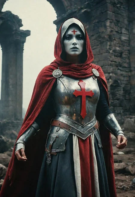 dark n-eeyblch, Create a vivid description of a close-up photo capturing the essence of a sci-funk dame from the 1860s, a desolate Templar knightess amidst ruins, adorned in weathered, rusty armor and draped with a tattered white linen cape embellished with a bold red Templar cross. Let the scene evoke the passage of time, the weight of history, and the resilience of the warrior spirit. atmospheric haze, Film grain, cinematic film still, highly detailed, high budget, cinemascope, moody, epic, OverallDetail, gorgeous, 2000s vintage RAW photo, photorealistic, candid camera, color graded cinematic, eye catchlights, atmospheric lighting, skin pores, imperfections, natural, shallow dof