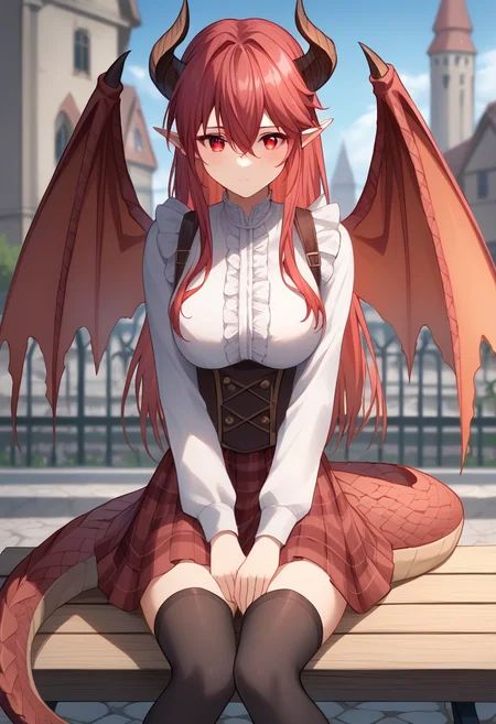 score_9, score_8_up, score_7_up, source_anime, 1girl, solo, grea, dragon wings, dragon tail, dragon horn, pointy ears, hair between eyes, long hair, layered hair, straight hair, narrow hair, hair over breasts, sidelocks, bangs, hair over shoulders, red eyes, white shirt, frills, plaid, red skirt, plaid skirt, black thighhighs, detailed eyes, sitting on bench, medieval city background