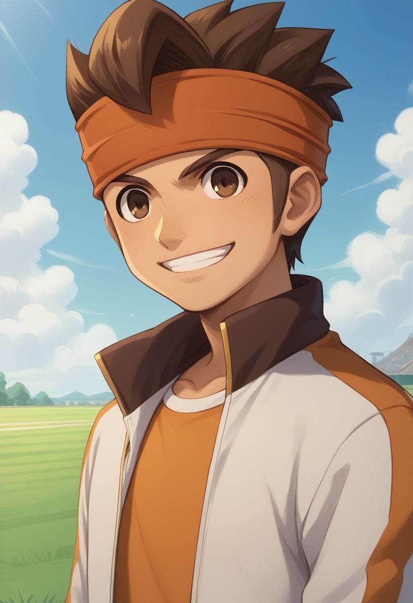 score_9, score_8_up, score_7_up, source_anime, highly detailed,
endou, 1boy, male focus, headband, solo, brown hair, brown eyes, jacket, pants, open jacket, track jacket, orange shirt, blue pants, upper body, smile, grin,
outdoor, grass, sky,