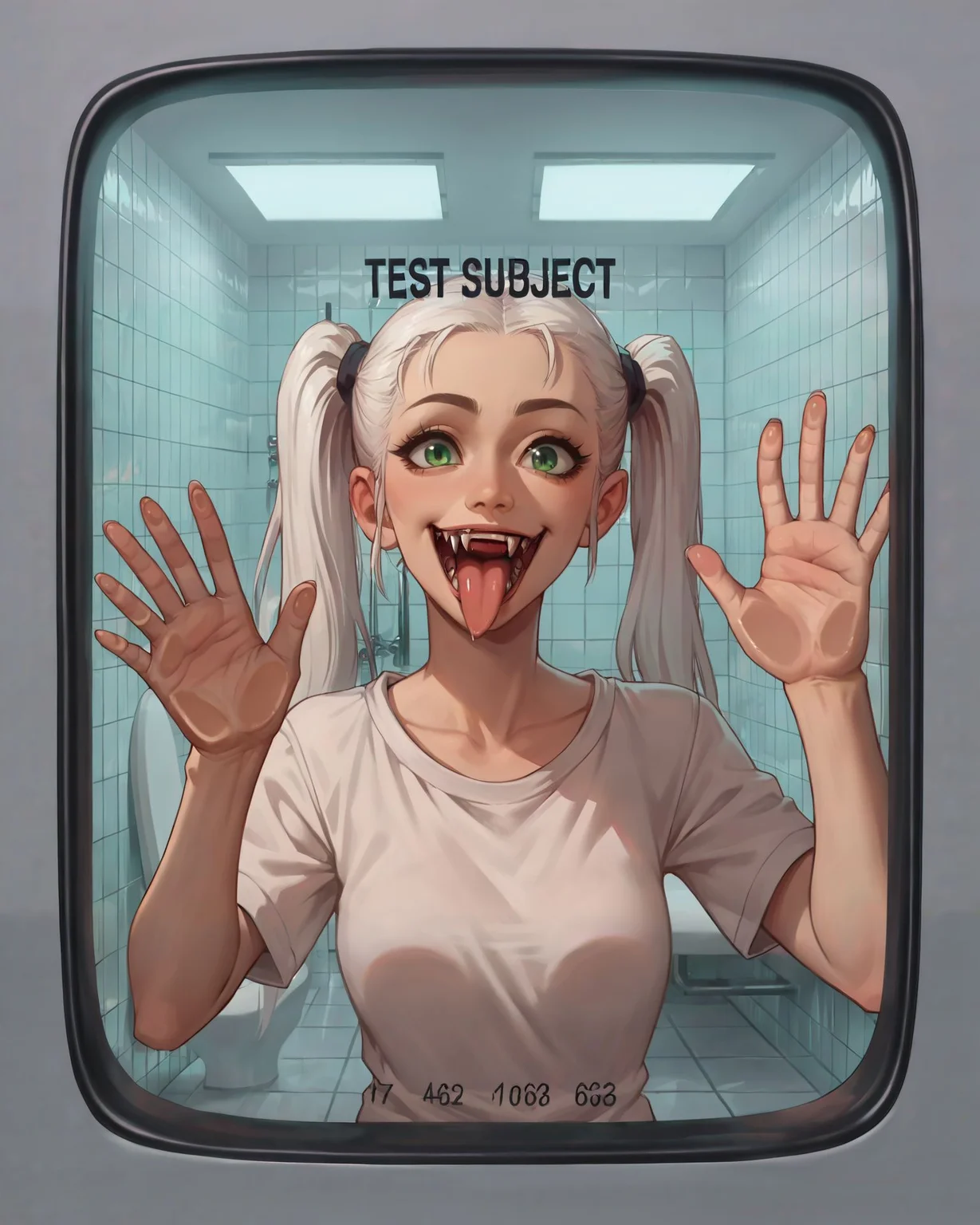 source_anime, anime screencap, <lora:testchamberV2:0.8> testchamber, glass wall with text "TEST SUBJECT", against glass, close-up, clean,1girl, long hair, twintails, white hair, smile, standing, green eyes, excited, fangs, tiles, bathroom, hands on glass, tongue out,, score_9, score_8_up, score_7_up, score_6_up, score_5_up, score_4_up, ponypositive,
