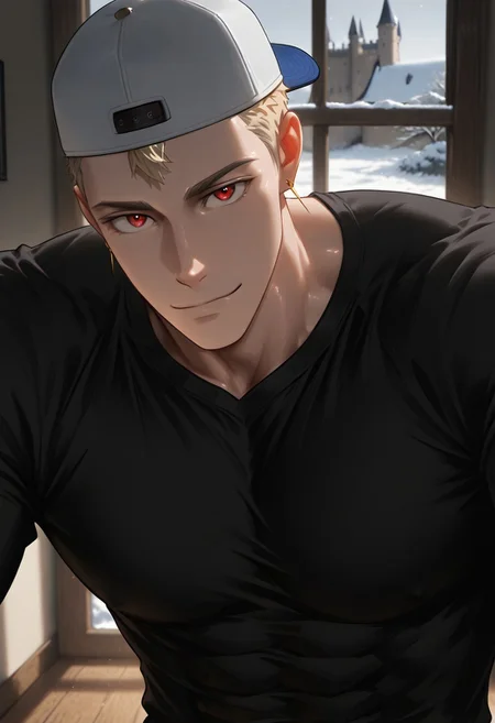 //General, masterpiece,best quality,amazing quality, source_anime, intricately detailed illustration, very aesthetic, absurdres, newest, anime coloring, subsurface scattering, , natural lighting, Expressiveh, detailed skin, shiny skin,aesthetics light, depth of field, vibrant colors,
//Fashion, black shirt, long sleeves,
//Background, castle interior, indoors, snow background outside the window,
//Others, 1boy, male focus, solo male, manly body,
//Action, looking at viewer, light smile, close up, upper body,
BREAK,
red_urektg_eyes, blonde_urektg_short hair, white_urektg_backwards baseball cap, yellow_urektg_earrings
