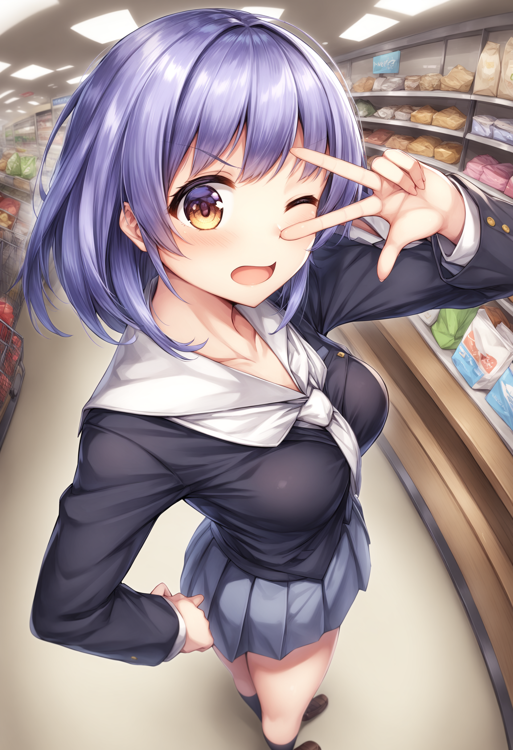 1girl, <lora:sdxl2-flat2-512b:-1>,medium breasts,school uniform,
kiraboshi,<lora:kiraboshi_XL_v1:0.8>v, v over eye,
from behind, fisheye lens, looking back, wince, shopping center, open mouth,
best quality, very aesthetic, absurdres