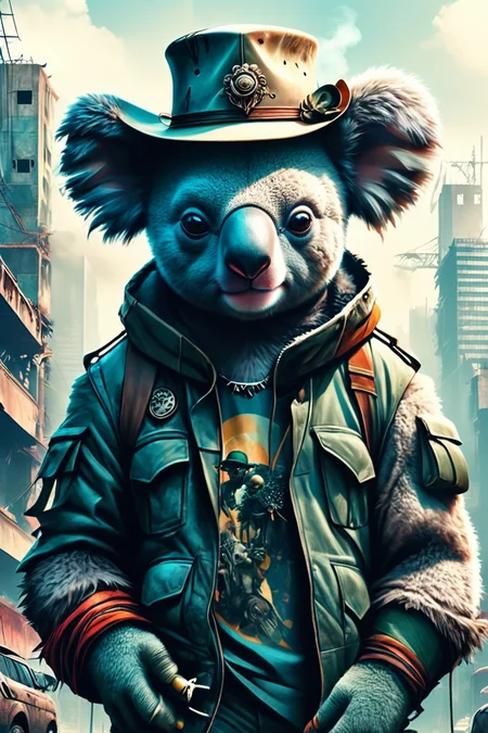 Detailed digital illustration of an anthro Koala (Holding a hat stylishly) at a Dystopian cityscape with massive pollution, <lora:xl_more_art-full_v1:0.5>,  <lora:anthro_muscular:0.7>,  <lora:MJ52:0.6>, <lora:madpunk:0.4> madpunk