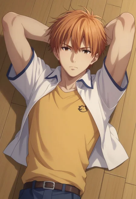 score_9, score_8_up, score_7_up, source_anime, highly detailed, 1boy, solo, male_focus,
1boy, cat, male focus, orange hair, arms behind head, school uniform, brown eyes, solo, lying, socks,