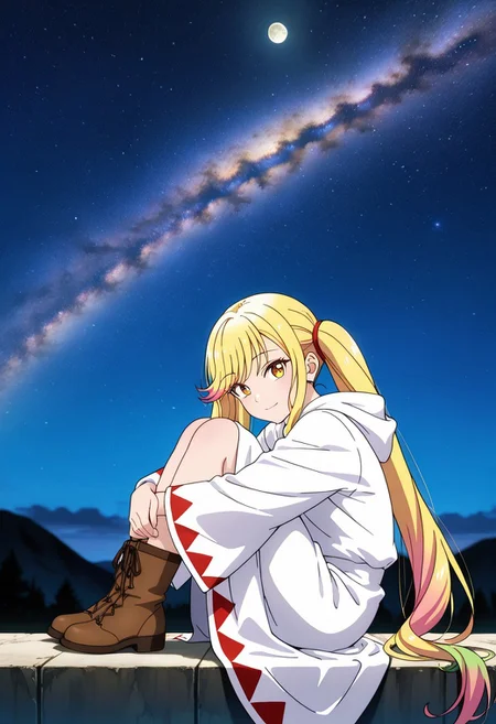 medium depth of field, rule of thirds, masterpiece-level, clean lines, sharp, focused subject, minimalistic composition, masterpiece, amazing quality, best quality, anime screencap, detailed face, detailed eyes, detailed outfit, face focus,
general,highres, ultra-detailed,very aesthetic,best quality ,best hands, perfect anatomy,detailed,
BREAK 1girl, solo, Suzunomiya Ririsa,multicolored hair,ribbon,yellow eyes,twintails, very long hair,
white mage_cos,white mage,hood,robe,long sleeves,boots,
from front, from side, cowboy shot,
sitting, hugging own legs, knees arms support, happy, light smile, looking at viewer,
(plain, moon,
outdoors, night sky, strarry sky, milky way, scenery),