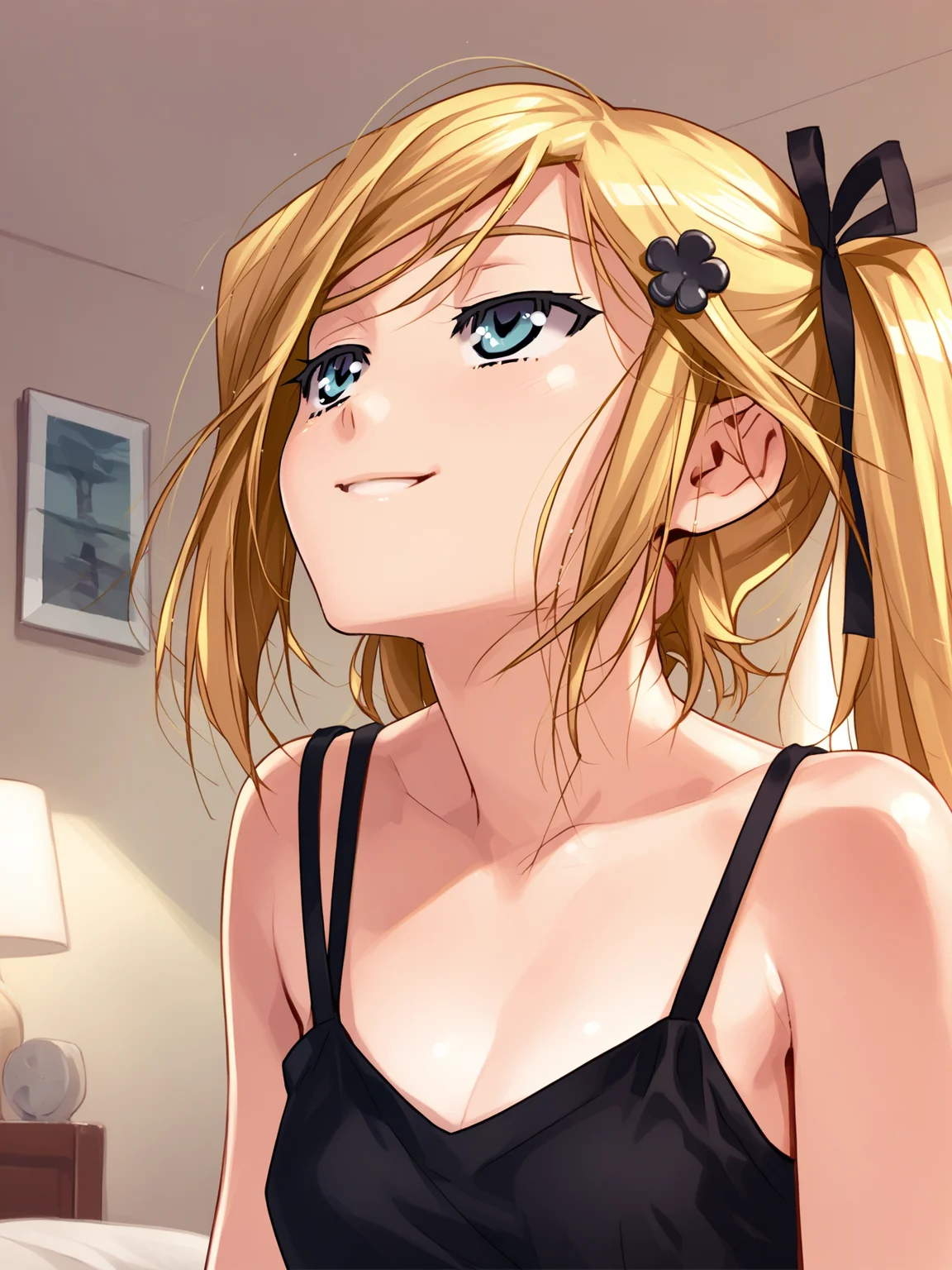 <lora:happy_tentacle-mafuyu-v0.2-000030:1>, ht_mafuyu, blonde hair, hairclip, black camisole, bedroom , 1girl, solo, portrait , , ( smile :1), , looking up , standing , facing viewer , score_9, score_8_up, score_7_up, score_6_up, score_5_up, score_4_up