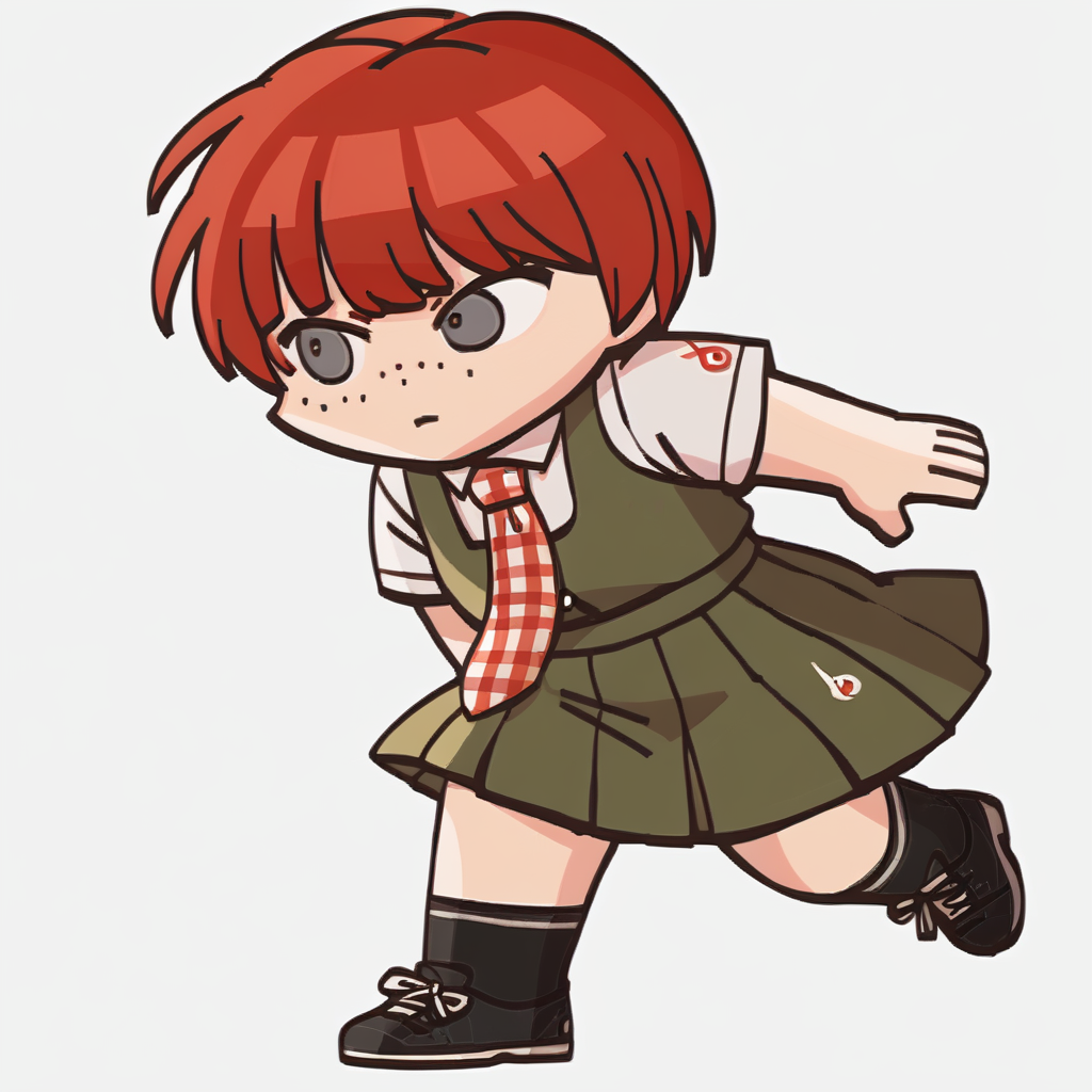 score_9, score_8_up, score_7_up, source_anime, 1girl, closed mouth, <lora:FEH-MTH-pdxl_Fp:1> chibi, simple background, full body,  <lora:MahiruDR-pdxl:1> defMahi, red hair, short hair, grey eyes, freckles, plaid necktie, white shirt, collared shirt, short sleeves, green pinafore dress, pleated skirt, black socks, shoes, black footwear