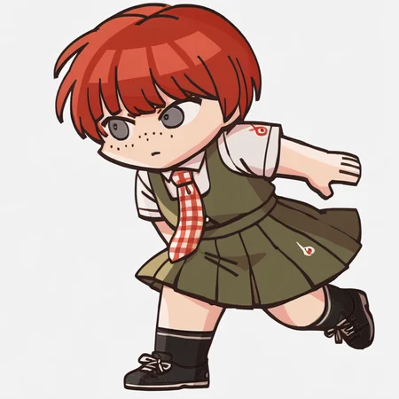 score_9, score_8_up, score_7_up, source_anime, 1girl, closed mouth, <lora:FEH-MTH-pdxl_Fp:1> chibi, simple background, full body, <lora:MahiruDR-pdxl:1> defMahi, red hair, short hair, grey eyes, freckles, plaid necktie, white shirt, collared shirt, short sleeves, green pinafore dress, pleated skirt, black socks, shoes, black footwear