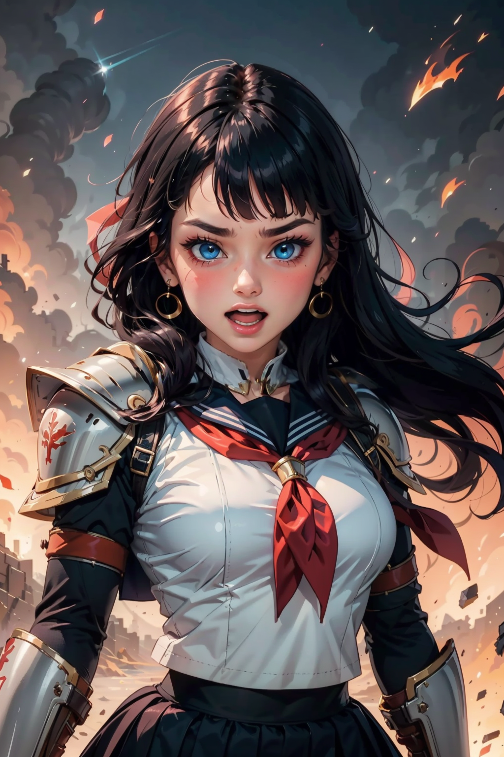 1girl, solo, long hair, looking at viewer, blush, open mouth, bangs, blue eyes, black hair, jewelry, school uniform, upper body, weapon, earrings, teeth, serafuku, sword, sailor collar, armor, neckerchief, shoulder armor, gauntlets, red neckerchief, pauldrons, breastplate,<lora:EMS-301994-EMS:0.900000>