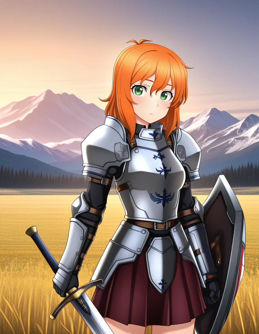 (kenken), <lora:1_illu_kenken_17e:1>, 1girl, armor, sword and shield, skirt, freckles, orange hair, medium hair, green eyes, field, mountains, (masterpiece, best quality, amazing quality),