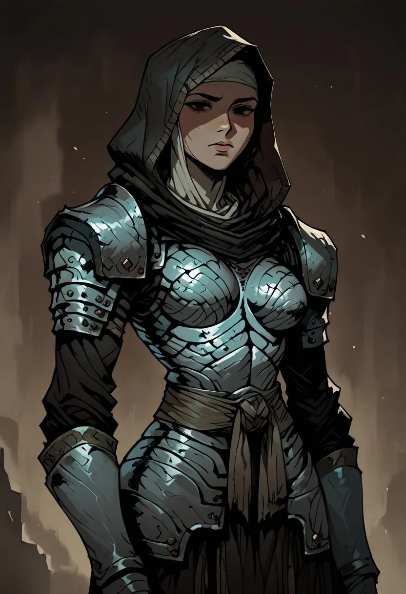 masterpiece, best quality, newest, absurdres, highres, anime, anime style, 1girl,  DDVESTL-V1.0, 1girl, armor, hood, shoulder pads, breastplate, shoulder armor, pauldrons, black eyes, shaded eyes,