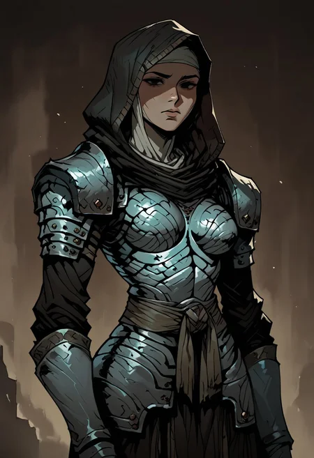 masterpiece, best quality, newest, absurdres, highres, anime, anime style, 1girl, DDVESTL-V1.0, 1girl, armor, hood, shoulder pads, breastplate, shoulder armor, pauldrons, black eyes, shaded eyes,