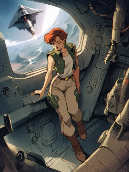 score_9, score_8_up, score_7_up, score_6_up, score_5_up, <lora:T43XLP:1> t43, spacecraft, science fiction, 1girl, solo, retro artstyle,