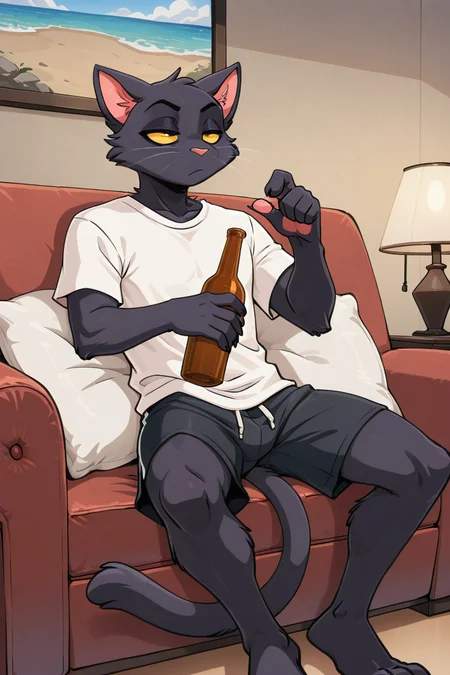 masterpiece, best quality, amazing quality, very aesthetic, high resolution, ultra-detailed, absurdres, newest, kandlin BREAK 1boy, solo, k3k, anthro, furry male, cat ears, cat tail, yellow eyes, white shirt, black shorts, half-closed eyes, holding bottle, bored, sitting, on couch, indoors, living room, couch, pillow, lamp, television