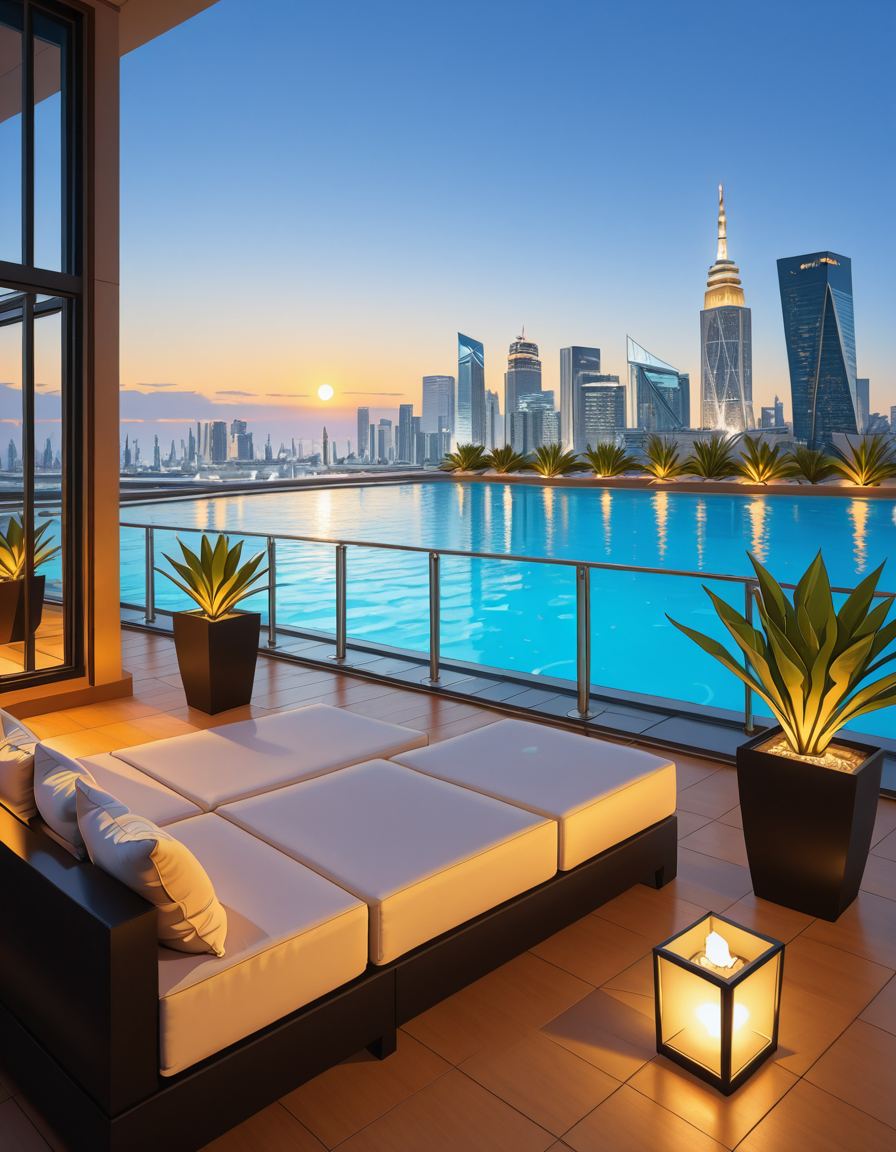 A breathtaking photo of a luxurious private rooftop at sunset, designed in a modern and elegant architectural style. The rooftop features a large infinity pool with crystal-clear water reflecting the warm golden hues of the sky. Surrounding the pool are plush, oversized lounge chairs with soft white cushions, neatly arranged under stylish wooden pergolas with flowing white curtains. In the background, a panoramic city skyline with shimmering skyscrapers stretches across the horizon. Ambient string lights hang delicately overhead, casting a soft, romantic glow. A chic outdoor bar with marble countertops is positioned on one side, decorated with fresh tropical plants and golden lanterns. The atmosphere feels serene and exclusive, with subtle reflections on the polished wooden floor. The lighting is a perfect mix of natural sunset tones and ambient soft white lights. The overall mood is peaceful, sophisticated, and inviting, ideal for an elite gathering or private escape.
<lora:SDXLFaeTastic2400:0.4> <lora:extremely_detailed:0.4> extremely detailed, <lora:luxurious_pr1v4t3_r00ft0p-i:1>,luxurious pr1v4t3 r00ft0p, Masterpiece,best quality,hi res,8k,hi res,8k,award winning,(sharp focus, intricate, highly detailed),