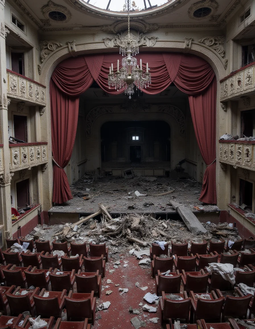 An abandoned opera house, its grand chandelier lying shattered on the stage. The velvet seats are torn and covered in dust, and the once-ornate decorations have decayed into pale, ghostly remnants. The air is thick with must, and the heavy red curtains hang limp, partially eaten away by moths. <lora:urban-decay-streets_v10_rank64_bf16-step02240:1>, abndnd_plcs_strts