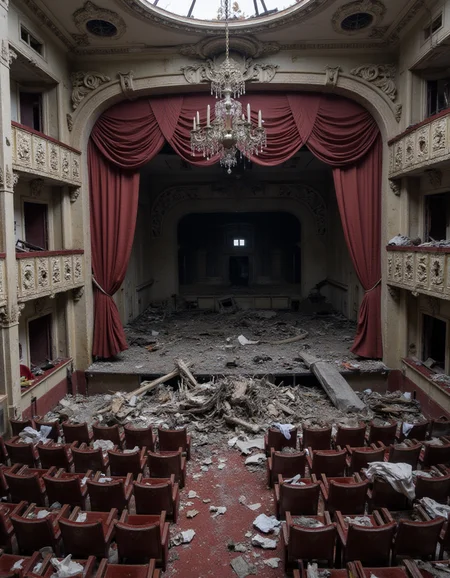 An abandoned opera house, its grand chandelier lying shattered on the stage. The velvet seats are torn and covered in dust, and the once-ornate decorations have decayed into pale, ghostly remnants. The air is thick with must, and the heavy red curtains hang limp, partially eaten away by moths. <lora:urban-decay-streets_v10_rank64_bf16-step02240:1>, abndnd_plcs_strts