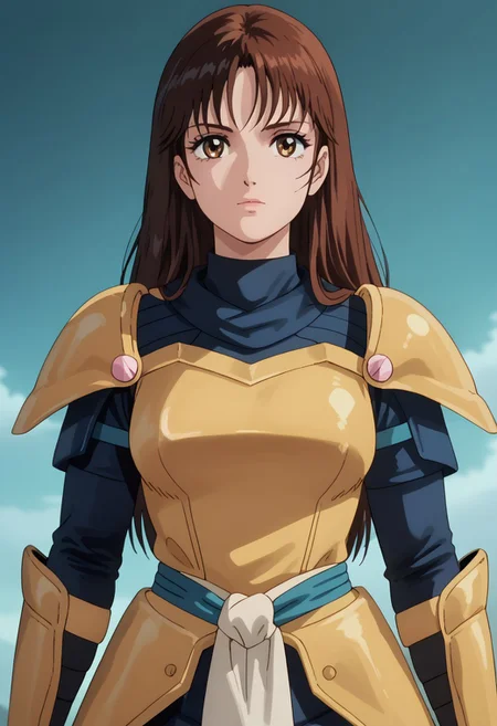 score_9, score_8_up, score_7_up, realistic, fine anime screencap_xl, anime screencap, miakoji, ronin warriors, solo, 1girl, retro, brown hair, 1980s (style), bangs, long hair, hazel eyes, portrait, eye makeup, samurai armor, armor, shoulder armor, gloves, swords,
