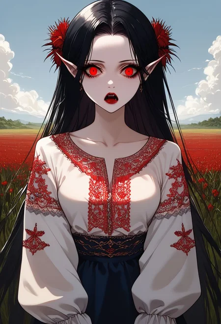 score_9, score_8_up, score_7_up, 8k uhd, masterpiece, best quality, high quality, absurdres, ultra-detailed, (highly detailed), OverallDetail, Expressiveh,
,
((( )))
,
(((1 girl, solo, frontal view, portrait shot)))
,
(RavenV, girl, vampire, slender, pointed ears, red lips, red eyes, pale skin, black hair)
,
((( Grain field, blue sky, shocked )))
,
((( Vyshyvanka, Ukrainian embroidered shirt, embroidered shirt, shirt, posing while standing)))