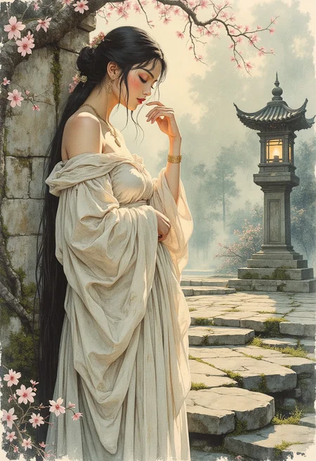 A delicate and atmospheric watercolor painting rendered with masterful impressionist classical style, capturing the serene and intimate ambiance of a mist-covered courtyard in a traditional Japanese garden. The composition is beautifully crafted with soft, flowing brushstrokes and ethereal layers of translucent color, creating a dreamlike, almost haunting atmosphere that envelops the scene in quiet elegance and poetic tranquility.
The setting is a secluded courtyard nestled within an ancient Japanese garden, shrouded in a thick, ghostly mist that curls and drifts through the air, blurring the edges of reality. The mist is painted in soft washes of pale gray and muted white, its translucent layers overlapping to create depth and movement as it swirls gently around the stones and vegetation. The delicate fog seems almost alive, swirling languidly around the woman’s feet and intertwining with the flowing fabric of her kimono, enhancing the ethereal, otherworldly ambiance.
The courtyard is paved with smooth, weathered stones that form a winding path leading into the misty expanse, their surfaces damp and slightly reflective under the diffused light. Small patches of soft, emerald-green moss grow between the stones, their vibrant color muted by the mist. Delicate cherry blossom petals lie scattered on the ground, their pale pink hues standing out gently against the cool, gray stones, adding a touch of quiet melancholy to the composition.
In the background, faint silhouettes of ancient cherry blossom trees loom through the fog, their gnarled branches arching gracefully overhead. The trees are painted with delicate, flowing brushstrokes, their forms fading softly into the white space of the fog, enhancing the sense of depth and distance. Clusters of pale pink blossoms cling to the branches, their fragile petals glowing faintly against the ghostly mist. The blossoms are rendered with gentle, translucent washes, their colors diffused and softened, contributing to the tranquil, dreamlike atmosphere.
Partially shrouded in the swirling mist stands an ancient stone lantern, its weathered surface carved with intricate patterns that are only faintly visible through the fog. The lantern is a majestic yet quiet presence, its edges softened by the moisture in the air, giving it an ethereal, spectral appearance. The stone is textured and aged, covered with patches of soft, green moss that cling to its base, suggesting centuries of quiet solitude. Its top is slightly slanted, as if bowing gracefully to the passing of time, enhancing the poetic, nostalgic ambiance.
Leaning against the stone lantern is a beautiful Japanese woman, her delicate form framed by the cascading mist and the ancient stone. She is draped in a loose, off-shoulder kimono made of soft, flowing silk that shimmers faintly under the diffused light. The kimono is painted with gentle, flowing brushstrokes, its fabric billowing softly around her slender figure as the mist weaves through its folds. The light ivory fabric is adorned with elegant crane motifs, their long, graceful necks and outstretched wings painted in delicate silver and gold ink that catches the light with subtle iridescence.
One sleeve of the kimono slips down her shoulder, revealing the smooth curve of her bare skin, pale and luminous against the soft, muted background. Her skin is painted with delicate, translucent washes that create a porcelain-like glow, emphasizing her ethereal beauty. The delicate contrast between her pale skin and the flowing fabric enhances her presence, drawing the viewer's gaze to her serene, introspective expression.
Her long, silky black hair cascades over her chest in loose, flowing waves, its inky darkness standing out beautifully against the light fabric of her kimono. Some strands fall softly over her face, partially obscuring her delicate features and adding a touch of mystery to her contemplative gaze. Her hair is painted with fluid, sweeping brushstrokes that give it a sense of movement, as if stirred by a gentle breeze.
Partially hidden beneath her cascading hair is a delicate necklace featuring a crescent moon, its fine, gold chain gleaming softly against her pale skin. The crescent moon pendant is exquisitely detailed, shimmering with a faint, ethereal glow that matches the delicate gold accents on her kimono. The necklace rests gracefully against her collarbone, enhancing the gentle curve of her neck and the exposed shoulder, adding a touch of quiet elegance and delicate vulnerability.
Her expression is serene and introspective, her large, almond-shaped eyes lowered in quiet contemplation, her long lashes casting faint shadows on her flushed cheeks. Her lips are softly parted, painted in a delicate blush pink that complements the cherry blossoms scattered at her feet. Her features are rendered with gentle, delicate brushstrokes, emphasizing her graceful beauty and poetic melancholy.
She raises a delicate hand to her cheek, her fingers curled softly, as if lost in thought or brushing away a strand of hair. Her hand is graceful and slender, her pale fingers blending softly into the muted background. The light catches her wrist and the gentle curve of her fingers, highlighting the elegance of her pose and the quiet vulnerability in her expression.
The light is soft and diffused, filtering through the mist in delicate beams that cast a faint, golden glow over her pale skin, emphasizing her form against the shadowy, ethereal background. The light wraps around her figure, creating a gentle halo effect that enhances her otherworldly presence. The contrast between the luminous light and the shadowy mist sculpts her form with delicate chiaroscuro effects, enhancing the depth and dimensionality of the composition.
The background fades gracefully into the white space of the fog, creating a minimalist, impressionistic composition that emphasizes her solitary presence amidst the ghostly beauty of the garden. The stone lantern, cherry blossom trees, and ancient courtyard are only faintly visible, their forms softly blurred and desaturated, contributing to the serene, dreamlike atmosphere.
The color palette is soft and muted, dominated by shades of ivory, pale pink, misty gray, and delicate gold, creating a harmonious, tranquil composition. The delicate washes of color and translucent layers of mist enhance the impressionistic, watercolor aesthetic, capturing the quiet elegance and poetic melancholy of the scene.
This impressionist classical-style watercolor painting is a masterful blend of ethereal beauty, poetic melancholy, and atmospheric tranquility. It captures the quiet intimacy of the mist-covered courtyard, the haunting elegance of the Japanese woman, and the serene, timeless beauty of the ancient garden. Every element, from the delicate crane motifs to the luminous crescent moon pendant, contributes to the enchanting, dreamlike narrative of solitude, reflection, and quiet elegance.
