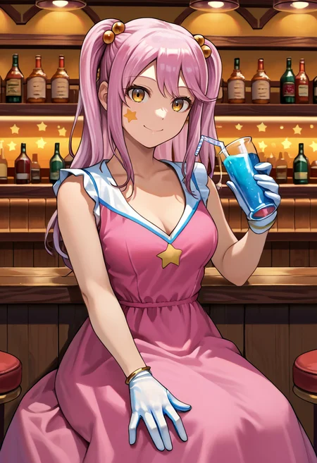 score_9, score_7_up, source_anime, 1girl, solo, <lora:Kizuna-10:0.8>, Tomori Kizuna, star face tattoo, hair bobbles, pink dress, gold bracelets, white gloves, smiling, closed mouth, holding drink, sitting, bar, indoors, (((detailed background)))