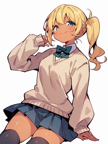 score_9, score_8_up, score_7_up,
1girl, blonde hair, side ponytail, small breasts, tan, smile, closed mouth, looking at viewer,
sweater, bowtie, school uniform, pleated skirt, black thighhighs, white background, solo,
