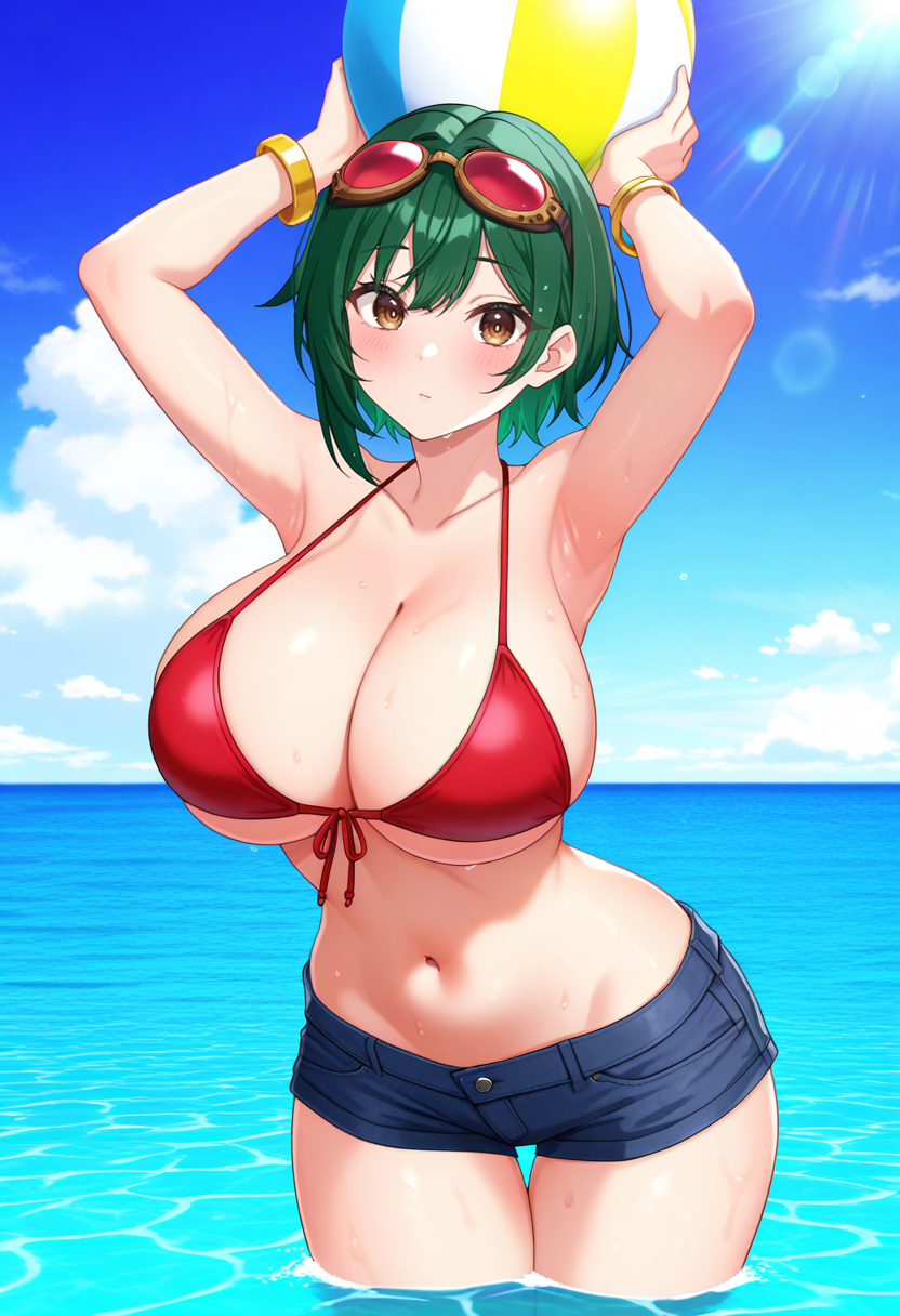 masterpiece, best quality,  1girl, huge breasts, outdoors, cloud, water, arms up, wading, tinted eyewear, bikini top only, armpits, bracelet, thigh gap, wet, ocean, ball, day, jewelry, sky, cleavage, brown eyes, beachball, looking at viewer, shorts, micro short, green hair, bangle, blue sky, sunlight, goggles on head, stomach, blush, bikini, underboob, denim, denim shorts, cowboy shot, short hair, red-tinted eyewear, goggles