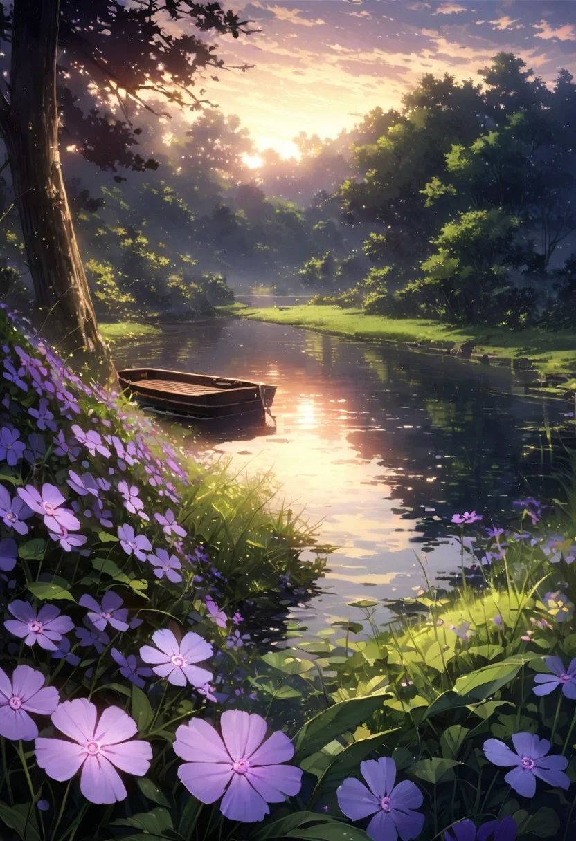 detailed background,( Calm spring night landscape), amongst lush greenery, beautiful view, creeping phlox in full bloom, creeping phlox, early morning, sunrise sky, beautiful clouds, dappled sunlight, outdoor seating, one lamp, Tranquil Lake, Boat on a Lake, depth of field, masterpiece, best quality, ultra-detailed, very aesthetic, illustration, perfect composition, intricate details, absurdres, moody lighting, wisps of light, no humans,