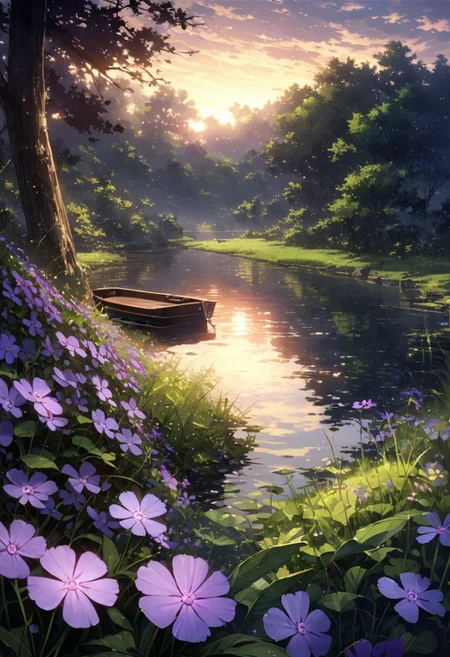 detailed background,( Calm spring night landscape), amongst lush greenery, beautiful view, creeping phlox in full bloom, creeping phlox, early morning, sunrise sky, beautiful clouds, dappled sunlight, outdoor seating, one lamp, Tranquil Lake, Boat on a Lake, depth of field, masterpiece, best quality, ultra-detailed, very aesthetic, illustration, perfect composition, intricate details, absurdres, moody lighting, wisps of light, no humans,