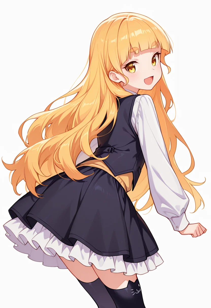 masterpiece,high quality details,absurdres, 
<lora:Shiraki_Hime:0.8>
hime_cnr, 1girl, blonde hair, very long hair, yellow eyes, blunt bangs, thick eyebrows,, simple background, white background, from behind,solo,, :d,, peacoat  ,vest,ruffled skirt, ,cat ear legwear,
