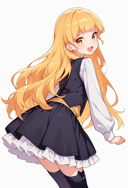 masterpiece,high quality details,absurdres, 
<lora:Shiraki_Hime:0.8>
hime_cnr, 1girl, blonde hair, very long hair, yellow eyes, blunt bangs, thick eyebrows,, simple background, white background, from behind,solo,, :d,, peacoat  ,vest,ruffled skirt, ,cat ear legwear,