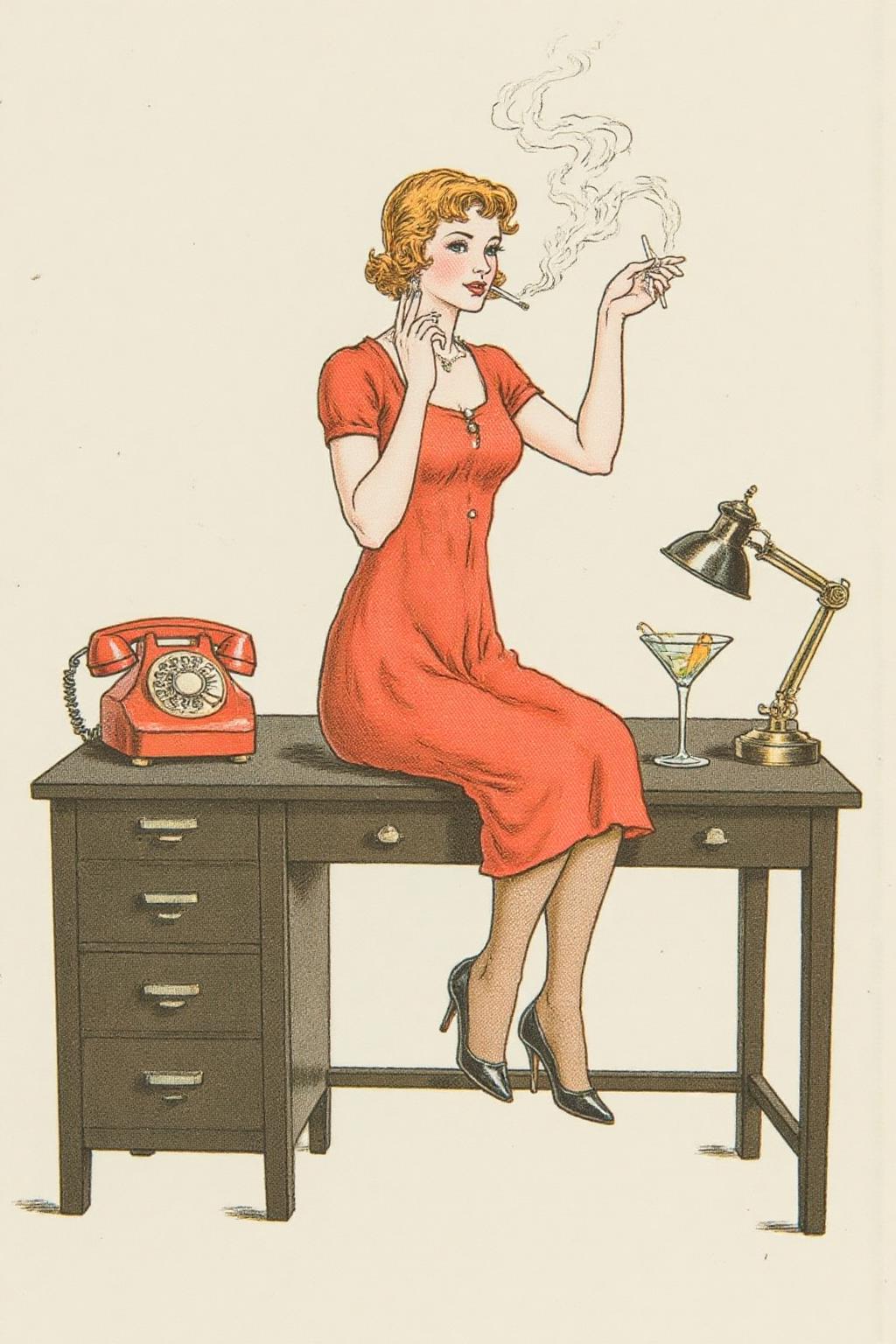 kategreenaway1 illustration. 
A woman is sitting on a black desk. She is dressed in a red dress, stockings, and high-heeled shoes. She is holding a cigarette, with smoke rising above her. On the desk are a red rotary telephone, a desk lamp, and a martini glass.  <lora:kategreenaway1_f16e6:1.0><lora:870963332532694804:0>