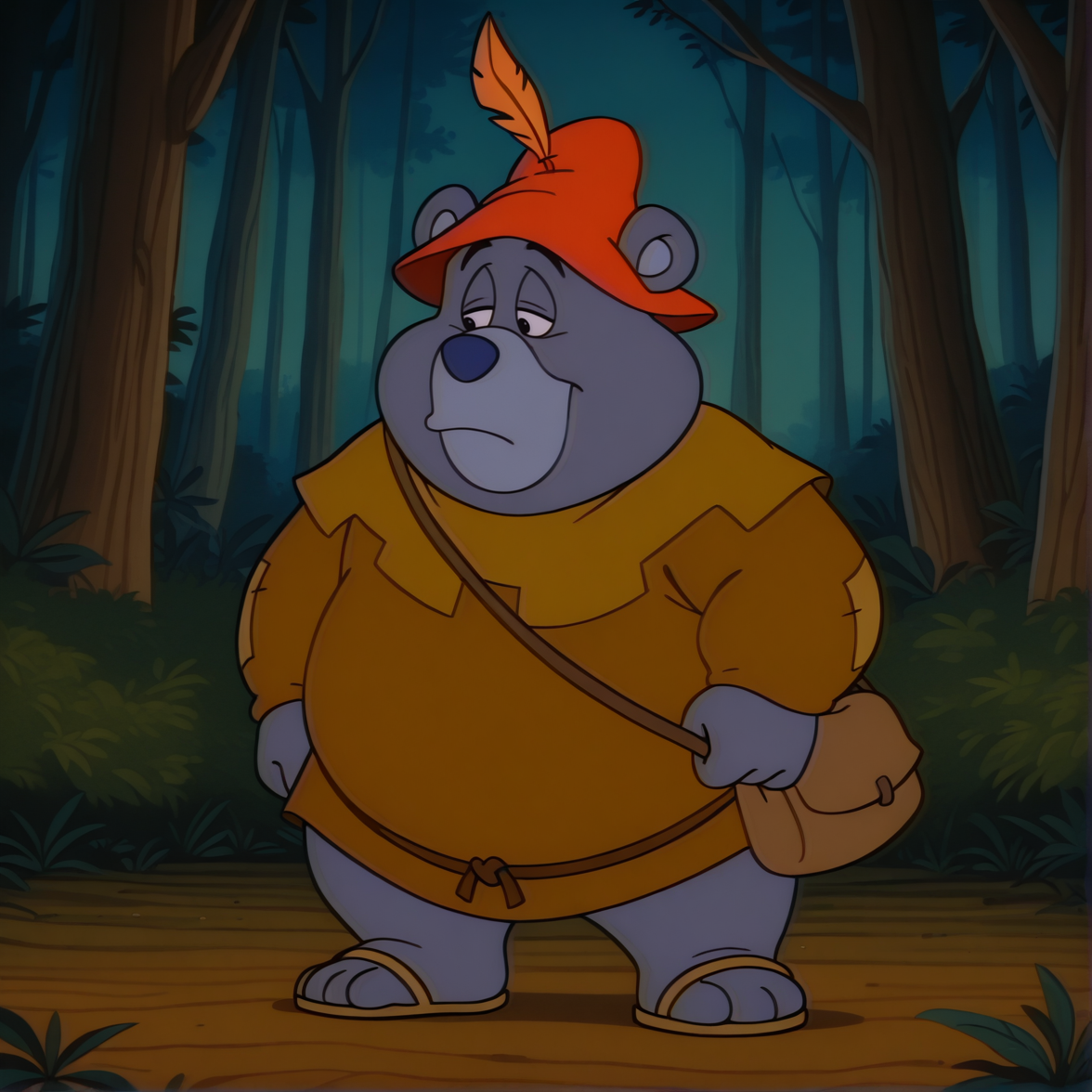 tummigummixl, toony, cartoon, retro, anthro, solo, male focus, bear, brown tunic, red cap with feather, overweight, half-closed eyes, upper body, shoulder bag, sash, sandals, detailed background, forest, full body, newest, masterpiece