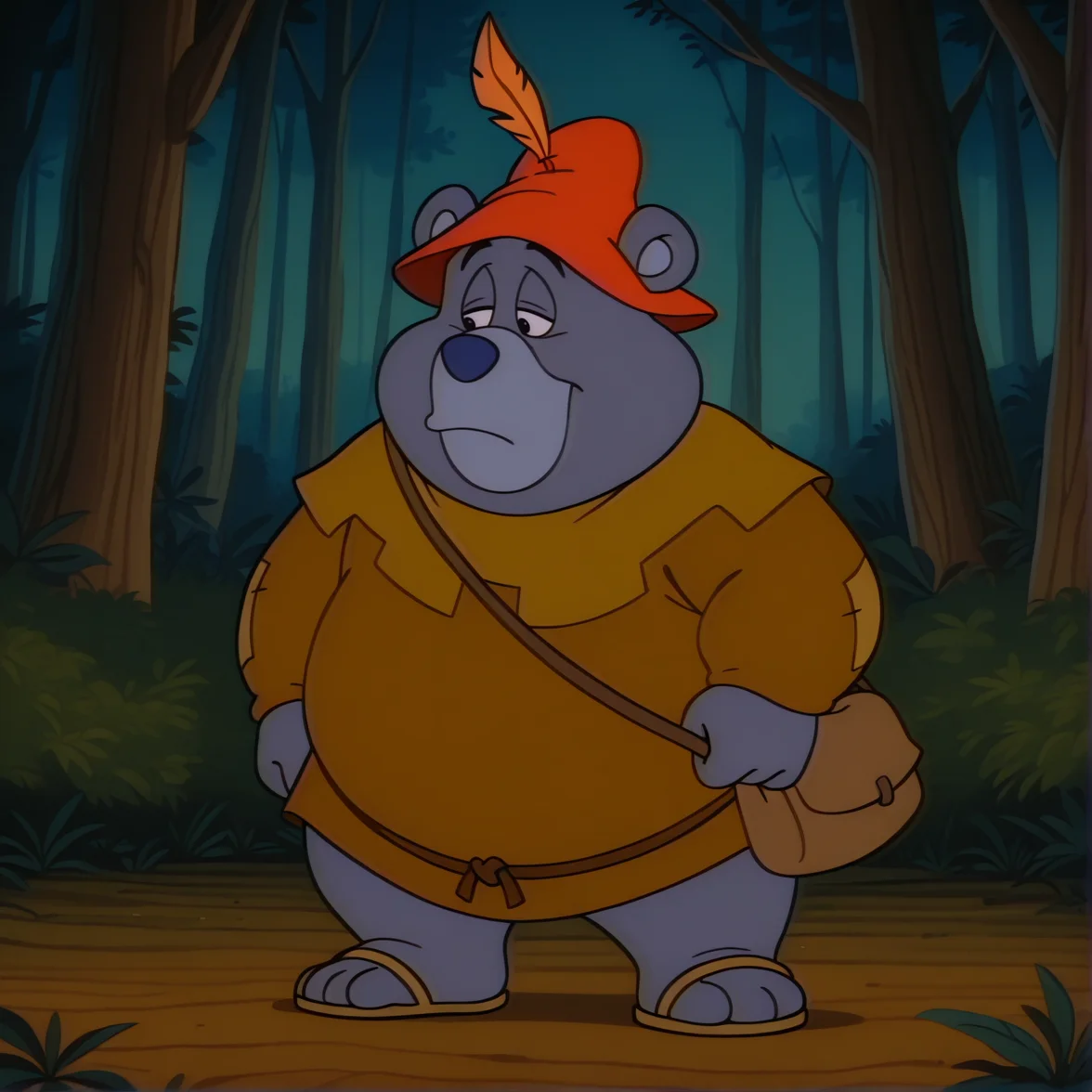 tummigummixl, toony, cartoon, retro, anthro, solo, male focus, bear, brown tunic, red cap with feather, overweight, half-closed eyes, upper body, shoulder bag, sash, sandals, detailed background, forest, full body, newest, masterpiece