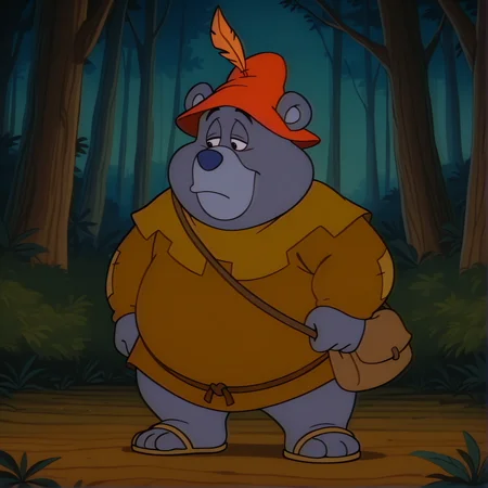 tummigummixl, toony, cartoon, retro, anthro, solo, male focus, bear, brown tunic, red cap with feather, overweight, half-closed eyes, upper body, shoulder bag, sash, sandals, detailed background, forest, full body, newest, masterpiece