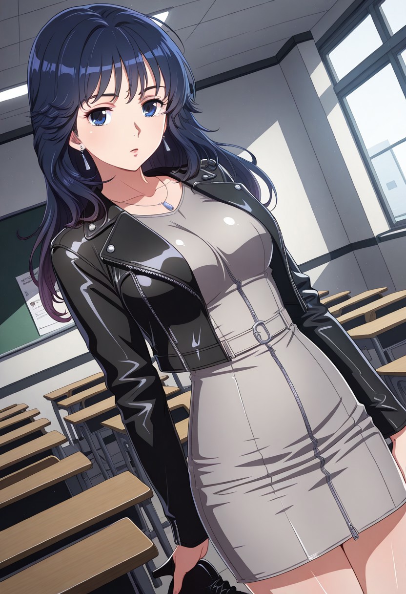 incredibly absurdres,masterpiece,absurdres,high quality,anime coloring,volumetric light,(very aesthetic),indoors,classroom,dutch angle,cowboy shot, BREAK 1girl,acai ko,solo,blue eyes,long hair,multicolored hair,bangs,black hair,blue hair,breasts,leather jacket,black jacket,grey dress,tight dress,collarbone,jewelry,earrings,necklace,black boots heels,standing,posing,upper body,looking at viewer