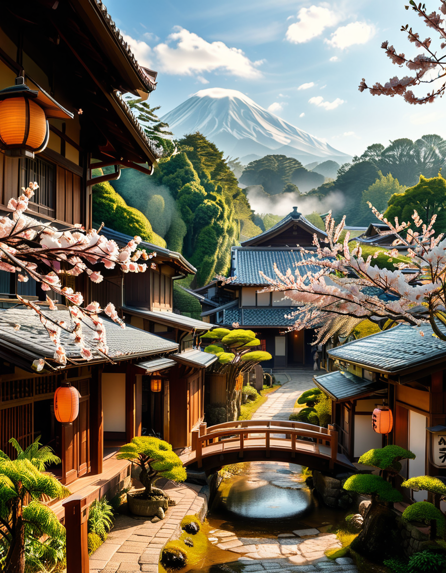 A picturesque traditional Japanese village nestled in a serene valley, surrounded by lush green mountains under a soft morning mist. The village consists of wooden houses with thatched roofs (gassho-zukuri style), showcasing intricate wooden details and sliding paper doors. A narrow stone-paved path winds through the village, leading to a small red torii gate at the entrance of a Shinto shrine. Cherry blossoms in full bloom line the streets, their pink petals gently falling in the breeze. A tranquil river flows through the village, crossed by an old wooden bridge with moss-covered stones. Villagers in traditional kimonos and straw hats go about their daily livesâan elderly man sweeping his porch, a woman carrying a basket of fresh produce, and children playing near a koi pond. The atmosphere is peaceful and nostalgic, with warm sunlight filtering through the trees, casting dappled shadows on the ground. The scene is rich in traditional Japanese aesthetics, evoking a sense of harmony and timeless beauty.
<lora:SDXLFaeTastic2400:0.4> <lora:extremely_detailed:0.4> extremely detailed,<lora:traditional_Japanese_v1ll4g3:1>,traditional Japanese v1ll4g3, Masterpiece,best quality,hi res,8k,hi res,8k,award winning,(sharp focus, intricate, highly detailed),