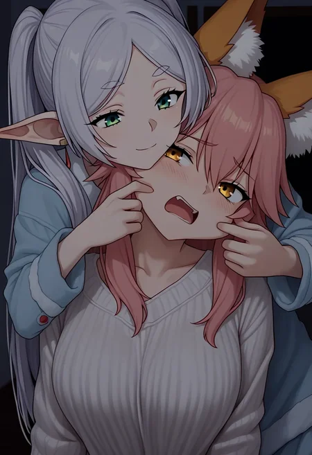 <lora:noobai_ep11_stabilizer_v0.205_fp16:1>2girls,tamamo \(fate\),fox ears,pink hair,smile,yellow eyes,frieren,white hair,green eyes,anger vein,upper body,open mouth,blue pajamas,sweater,cheek pull,dark,indoors,depth of field,masterpiece,
