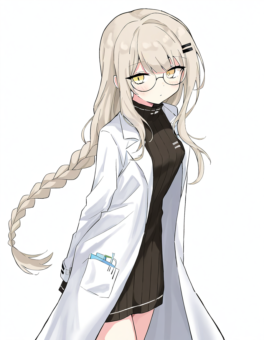 1girl,solo,lijianxi,glasses,lab coat,simple background,looking at viewer,white background,cowboy shot,<lora:lijianxi-000010:1>,, masterpiece, best quality, very aesthetic, absurdres,newest, incredibly absurdres,, toshizou \(0714\)