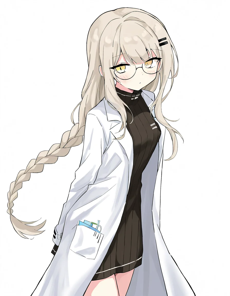 1girl,solo,lijianxi,glasses,lab coat,simple background,looking at viewer,white background,cowboy shot,<lora:lijianxi-000010:1>,, masterpiece, best quality, very aesthetic, absurdres,newest, incredibly absurdres,, toshizou \(0714\)