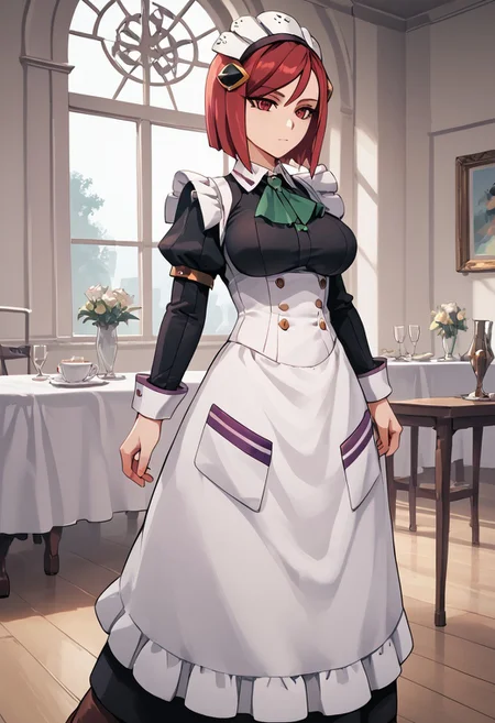 score_4,score_5,score_6,score_7_up,score_8_up,score_9 ((masterpiece,best quality,ultra detailed,highres,HD,4k:1.2)), 
1girl,solo,girl focus,solo focus,
upper body,
red hair,red eyes,short hair,hair ornament,large breasts, maid headdress, maid,apron,long sleeves,long skirt,maid apron,boots, indoors, Expressionless,