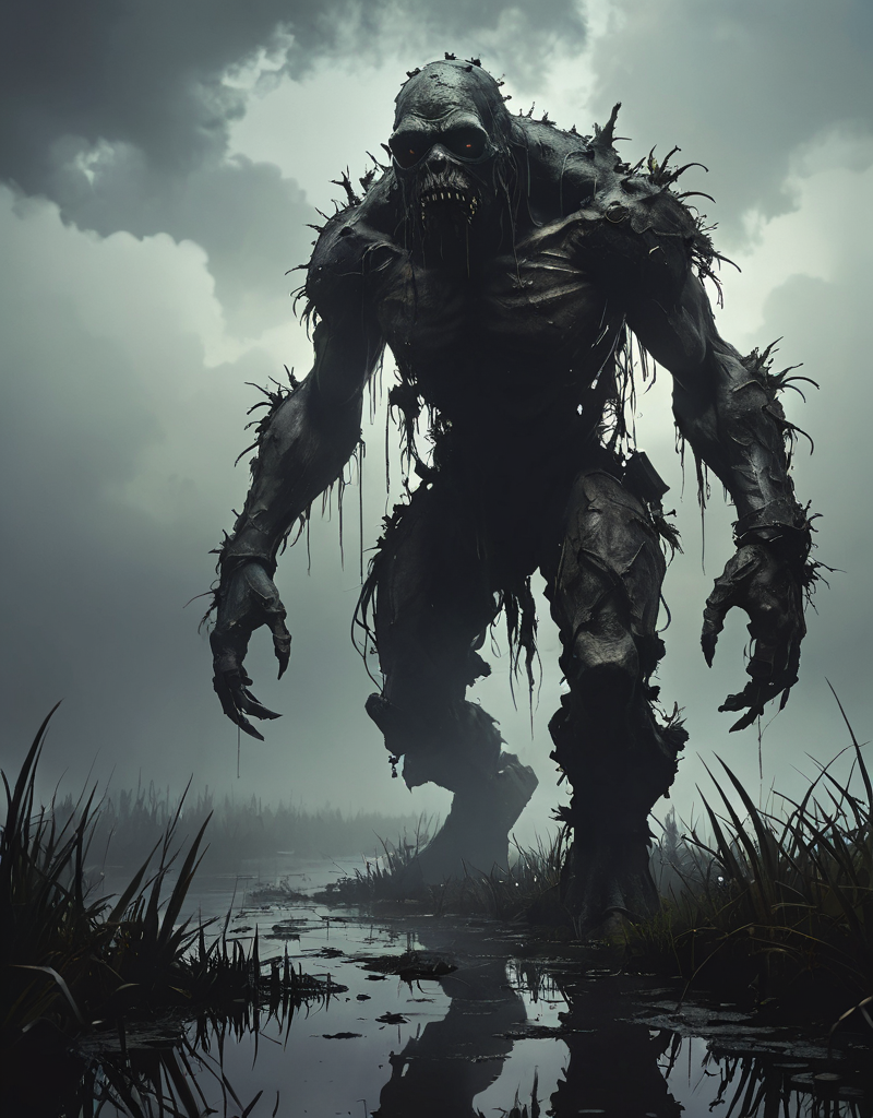 grunge style creature coming out of the dark, Ashley Wood, Kekai Kotaki, Oscar Chichoni, dark environment, fog, clouds, swamp, high contrast