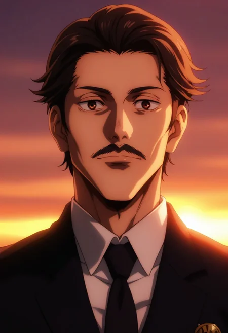 score_9, score_8_up, score_7_up, source_anime, intricate details, expressive eyes, anime screencap, perfect balance, official art, extremely detailed CG unity 8k wallpaper, perfect lighting, Colorful, Bright_Front_face_Lighting, (masterpiece:1.0),(best_quality:1.0), ultra high res,4K,ultra-detailed, photography, 8K, HDR, highres, absurdres:1.2, Kodak portra 400, blurry background, bokeh, lens flare, (Anime) (vibrant_color:1.2), professional photograph, night, (good_face:1.2), 2d, anime, upper body, intricate iris, American, Professional character design, 1man, male focus, tan skin, brown eyes, expressive eyes, perfect eyes, Curly hair, (black hair), white dress shirt, black suit, black tie, Fluffy mustache, Mario Mustache, Thick Mustache, italian, manly, masculine, solo, jujutsu_kaisen_style, character portrait, (Dramatic, Intense, epic, perfect-lighting, lens flare), face, torso, (checkered backdrop), 
 (black and white checker pattern) (Mario)