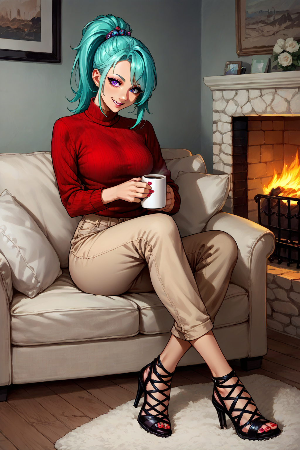 score_9, score_8_up, score_7_up, score_6_up, source_anime, 1girl, score_9, solo,  hyLna, cyan hair, high ponytail, hair ornament, purple eyes, red sweater, beige pants, sitting, couch, holding mug of coffee, smile, fireplace, Cage Heels, Legs Crossed, Nail Polish