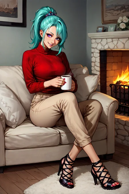 score_9, score_8_up, score_7_up, score_6_up, source_anime, 1girl, score_9, solo, hyLna, cyan hair, high ponytail, hair ornament, purple eyes, red sweater, beige pants, sitting, couch, holding mug of coffee, smile, fireplace, Cage Heels, Legs Crossed, Nail Polish