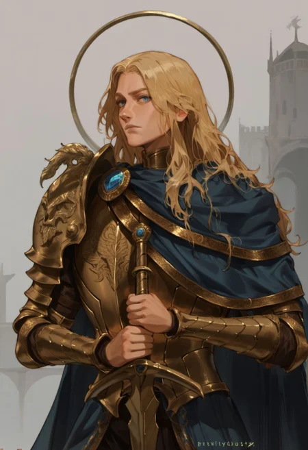 score_9, score_8_up, score_7_up, score_6_up, gravitydusty style,
1boy, solo, long hair, blue eyes, blonde hair, holding, closed mouth, weapon, sword, artist name, cape, holding weapon, armor, halo, holding sword, shoulder armor, gem, pauldrons, breastplate, blue cape,
<lora:fix_hands:1.5>,
<lora:gravitydusty_style_v1-000007:0.8>