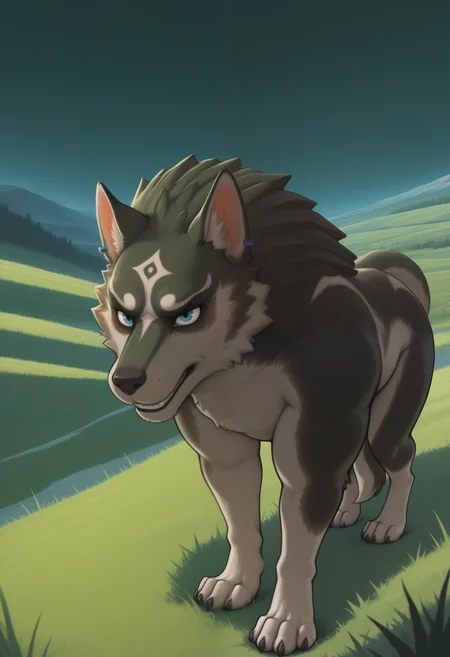 masterpiece,best quality,amazing quality, 1boy, solo, 1boy, l1nk, wolf, bara, blue eyes, looking at viewer,
outside,