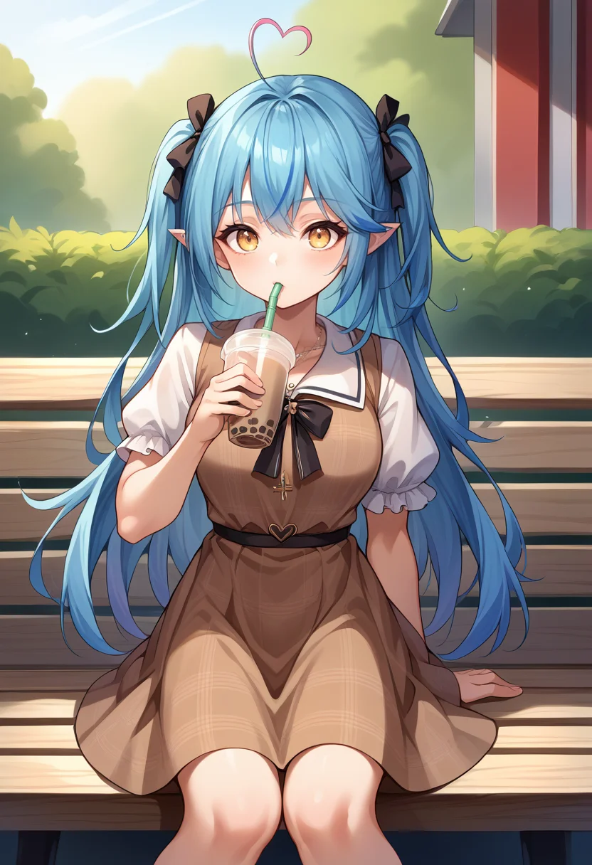 score_9, score_8_up, score_7_up, source_anime, 1girl, solo, LamyCasual, blue hair, long hair, two side up, hair ribbon, heart ahoge, necklace, brown dress, plaid dress, puffy short sleeves, black bow, outdoors, sitting, on bench, drinking, sipping, straw, bubble tea, <lora:ChamYukihanaLamyPony:1>