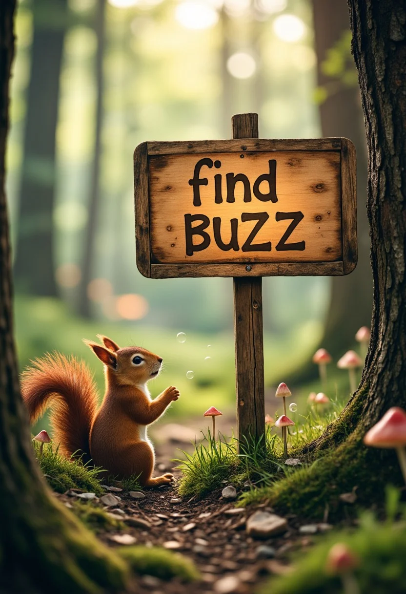 A sign in fantasy forest, sign reads ("find buzz"), with warm sun light, soft feeling to photo, cartoon mushrooms dancing around in photograph, little bubbles floating in air, squirrel sitting next to sign, mystical, soft, funny feeling to picture, detailmaximizer,